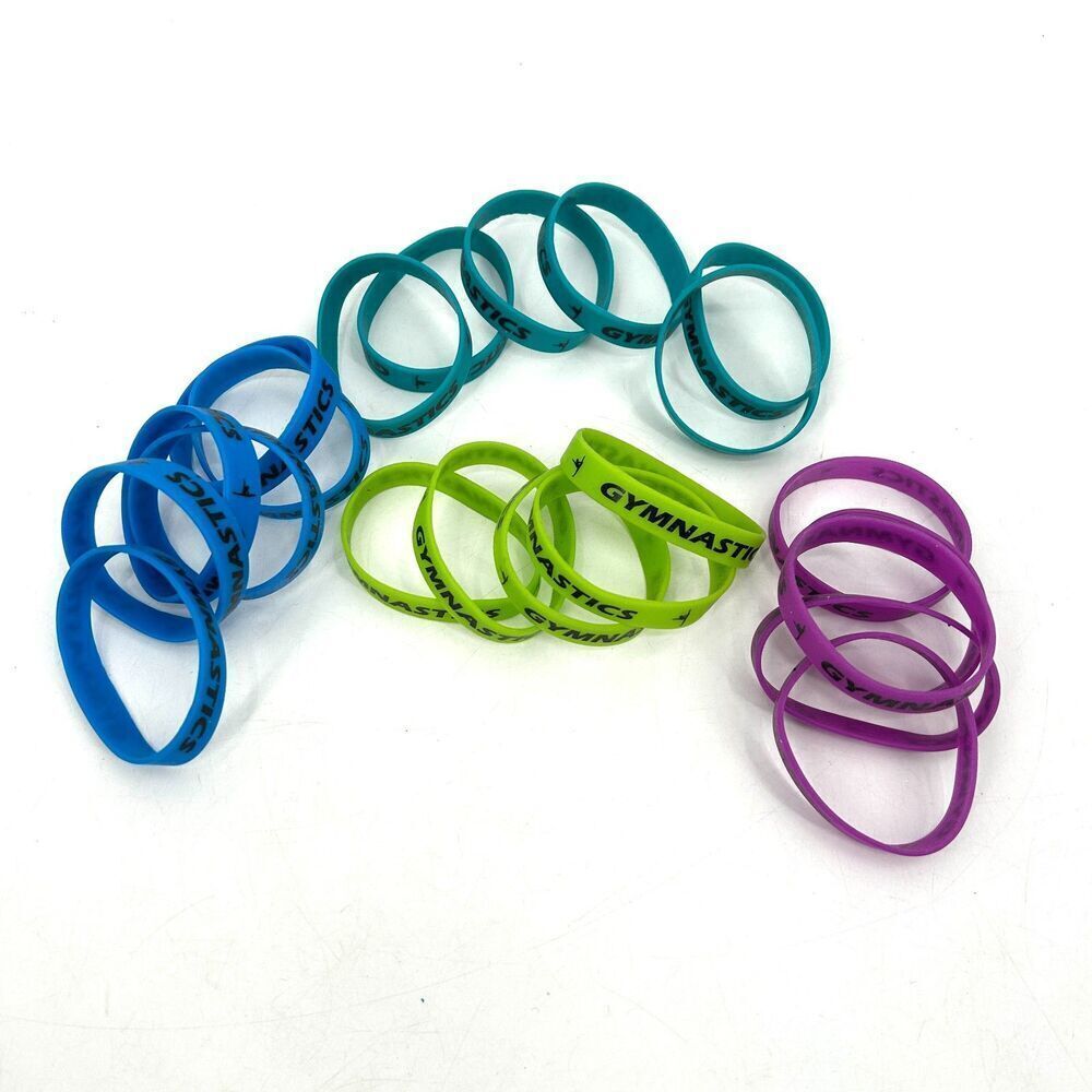 Set Of 22 "Gymnastics" Plastic Wristbands Blue Teal Green Purple